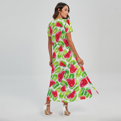White Summer Watermelon Pattern Print Short Sleeve Maxi Dress