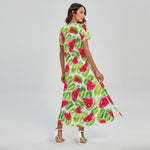 White Summer Watermelon Pattern Print Short Sleeve Maxi Dress