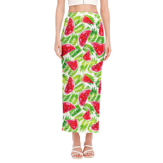 White Summer Watermelon Pattern Print Side Slit Maxi Skirt