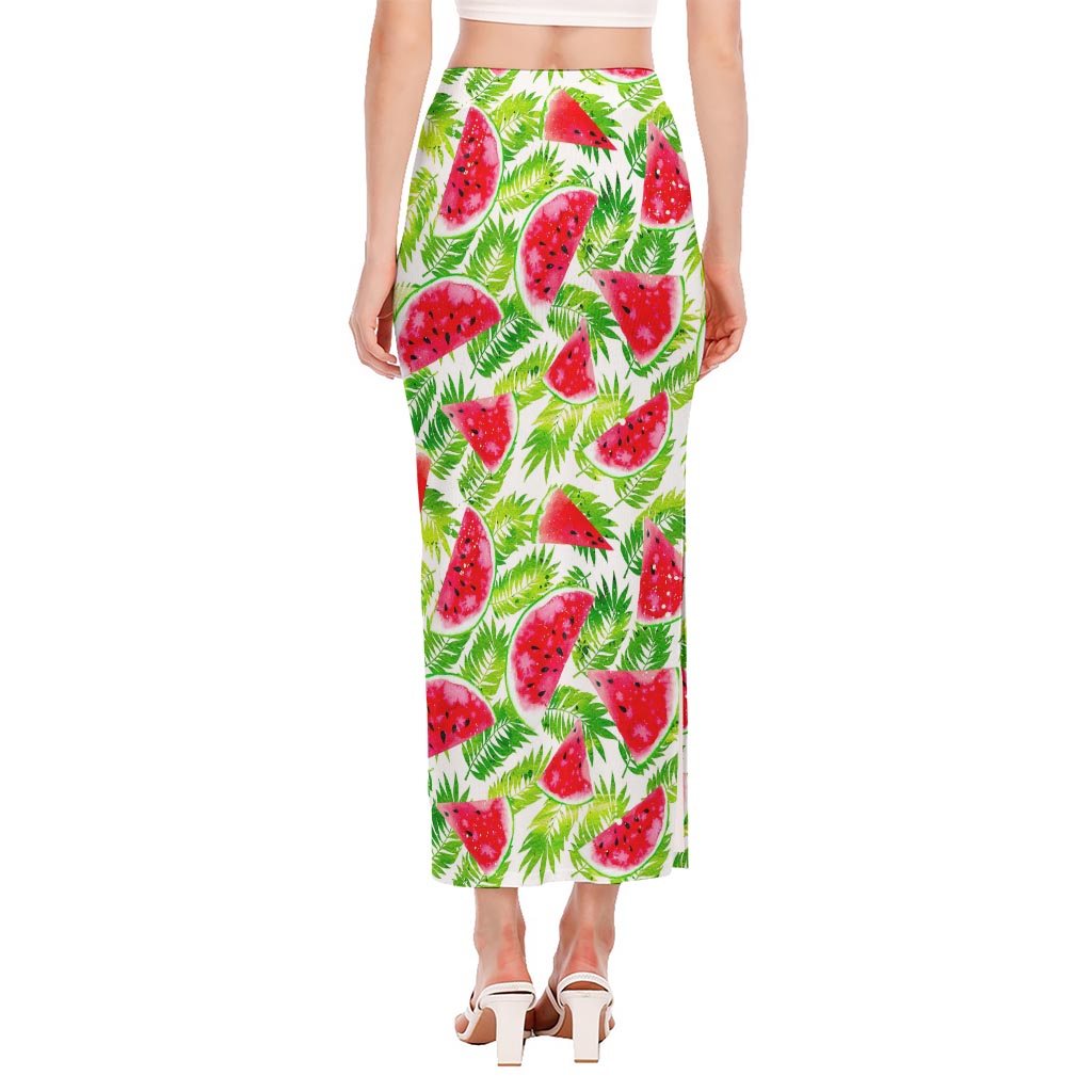 White Summer Watermelon Pattern Print Side Slit Maxi Skirt