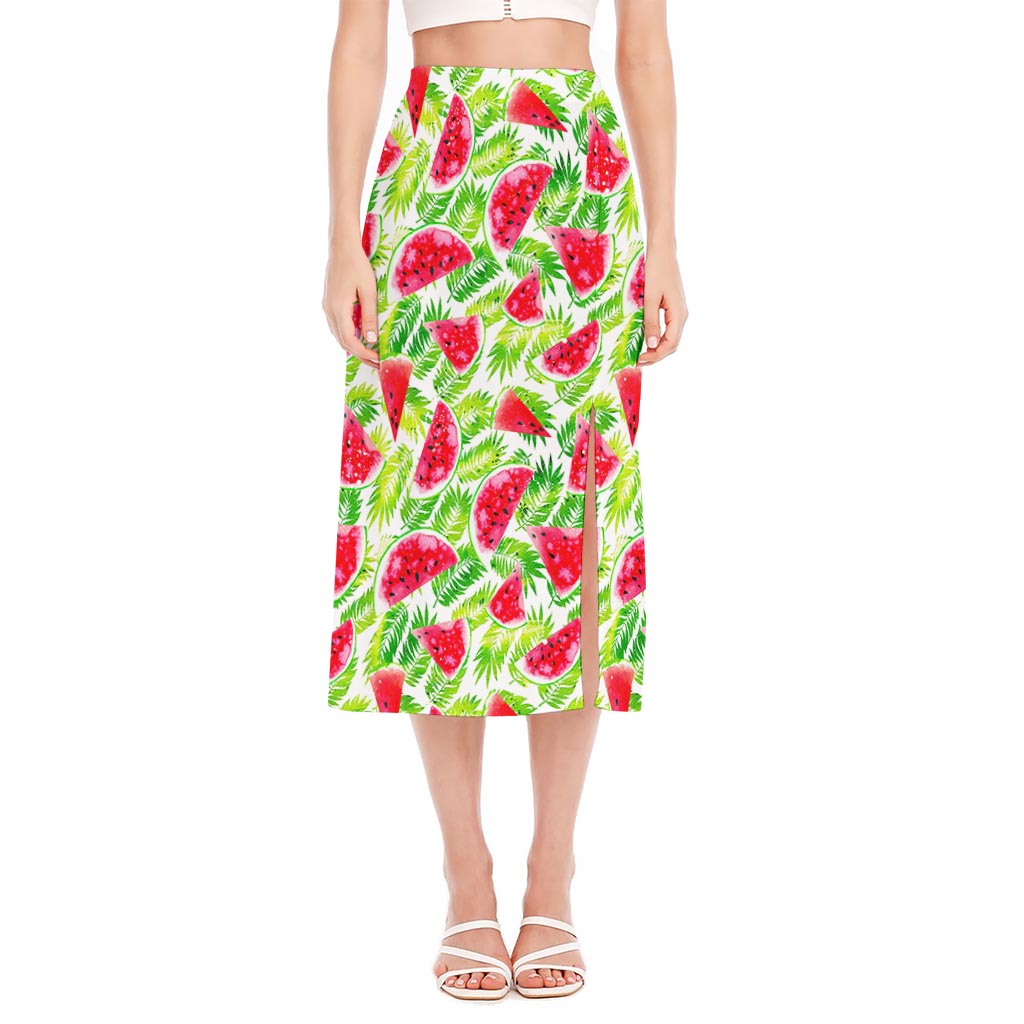 White Summer Watermelon Pattern Print Side Slit Midi Skirt