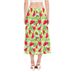 White Summer Watermelon Pattern Print Side Slit Midi Skirt