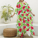 White Summer Watermelon Pattern Print Silk V-Neck Kaftan Dress