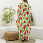 White Summer Watermelon Pattern Print Silk V-Neck Kaftan Dress