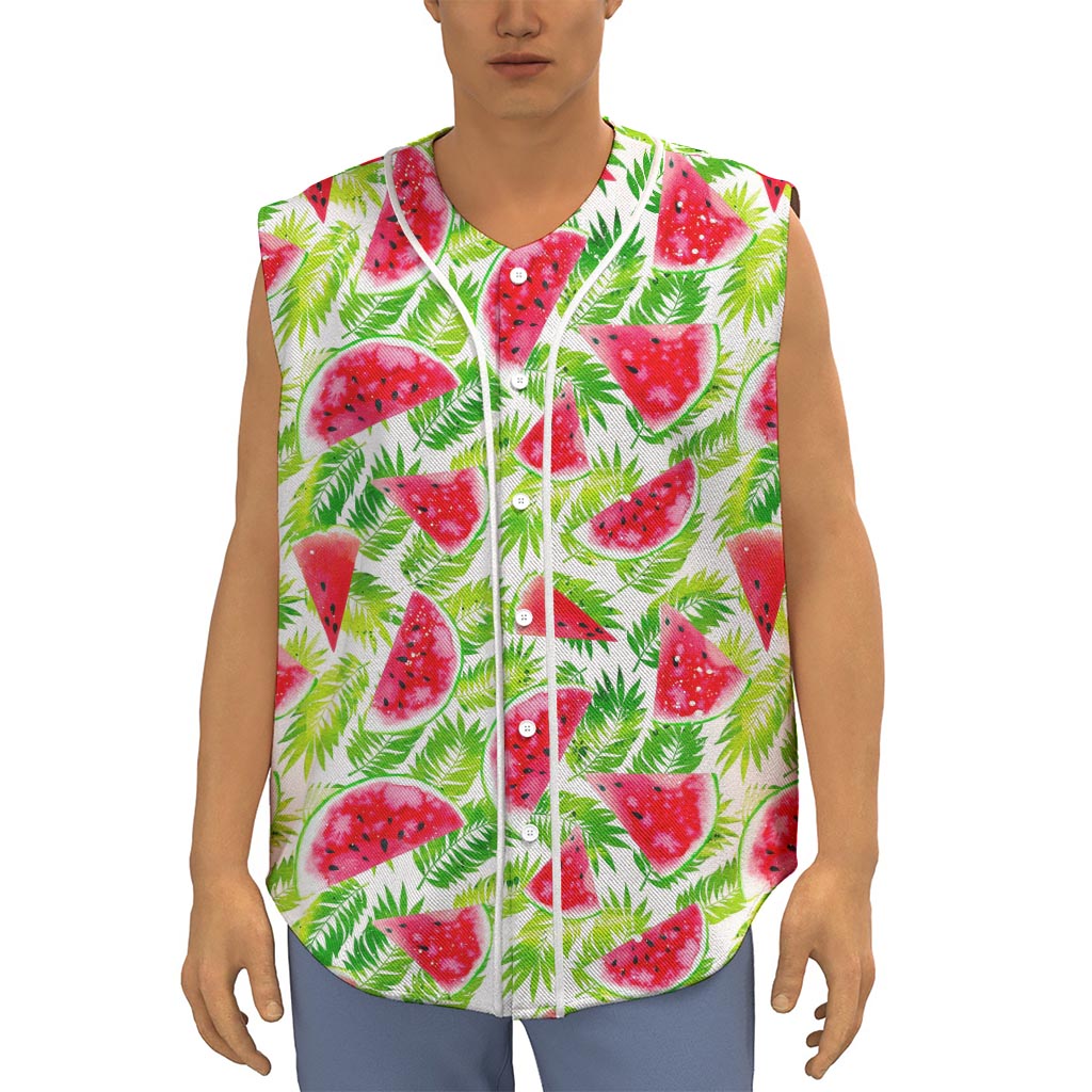 White Summer Watermelon Pattern Print Sleeveless Baseball Jersey