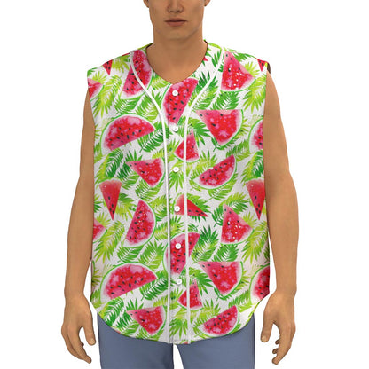 White Summer Watermelon Pattern Print Sleeveless Baseball Jersey