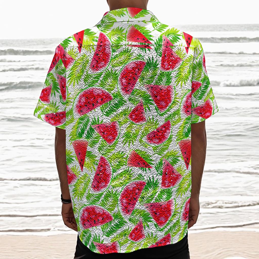 White Summer Watermelon Pattern Print Textured Short Sleeve Shirt