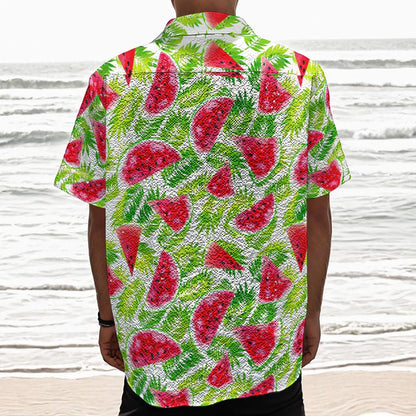 White Summer Watermelon Pattern Print Textured Short Sleeve Shirt