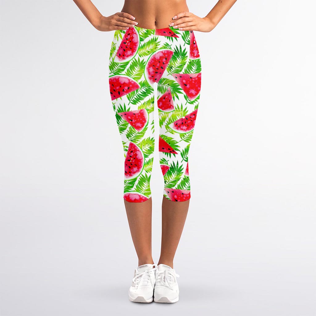 White Summer Watermelon Pattern Print Women's Capri Leggings