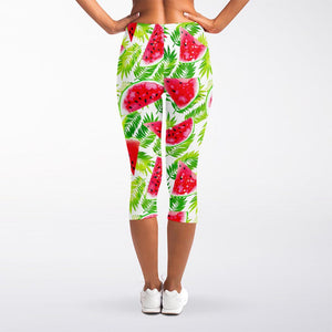 White Summer Watermelon Pattern Print Women's Capri Leggings