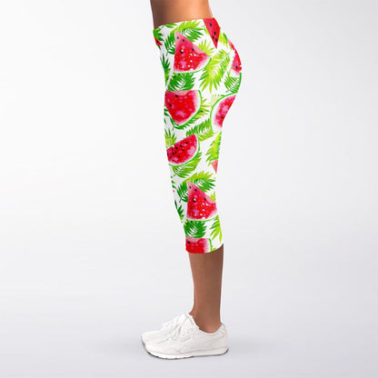 White Summer Watermelon Pattern Print Women's Capri Leggings