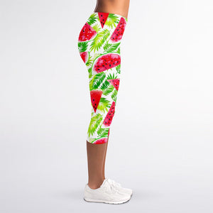 White Summer Watermelon Pattern Print Women's Capri Leggings
