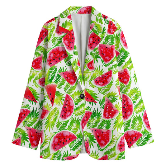 White Summer Watermelon Pattern Print Women's Cotton Blazer