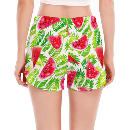 White Summer Watermelon Pattern Print Women's Split Running Shorts