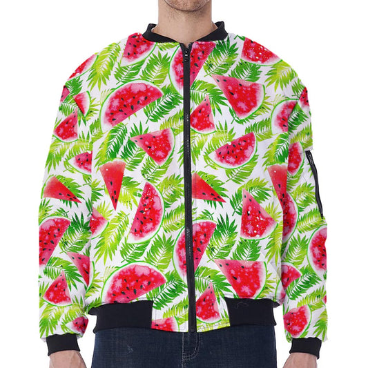 White Summer Watermelon Pattern Print Zip Sleeve Bomber Jacket