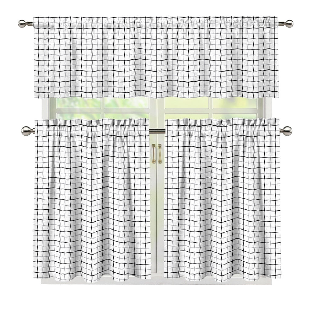 White Tattersall Pattern Print 3 Piece Kitchen Curtains