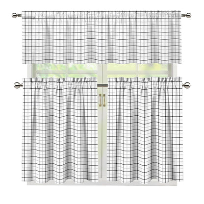White Tattersall Pattern Print 3 Piece Kitchen Curtains