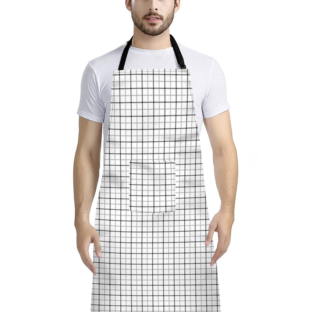 White Tattersall Pattern Print Bib Apron With Pocket