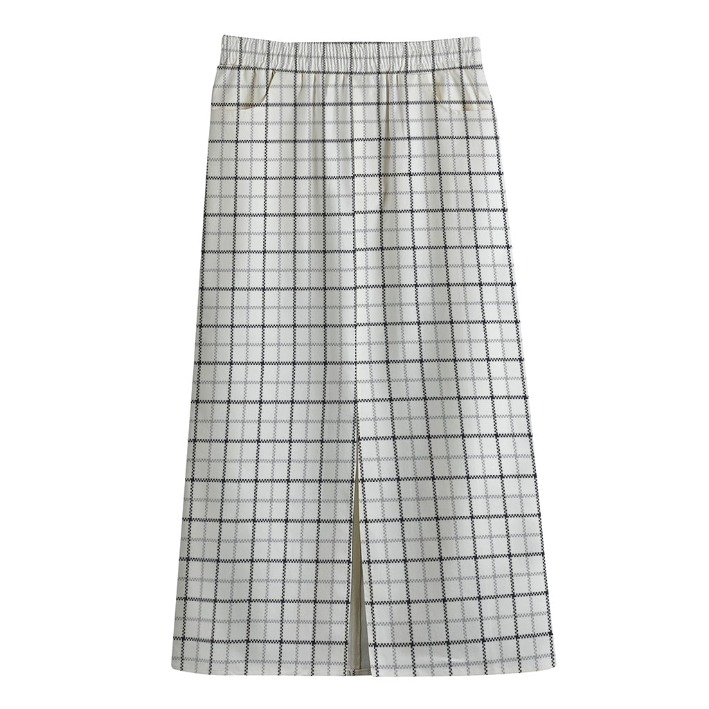 White Tattersall Pattern Print Cotton Front Slit Maxi Skirt