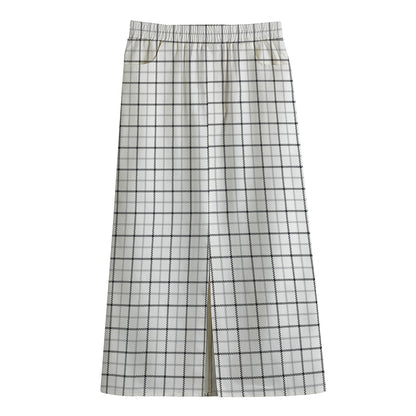 White Tattersall Pattern Print Cotton Front Slit Maxi Skirt