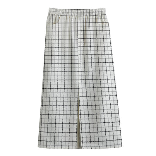 White Tattersall Pattern Print Cotton Front Slit Maxi Skirt