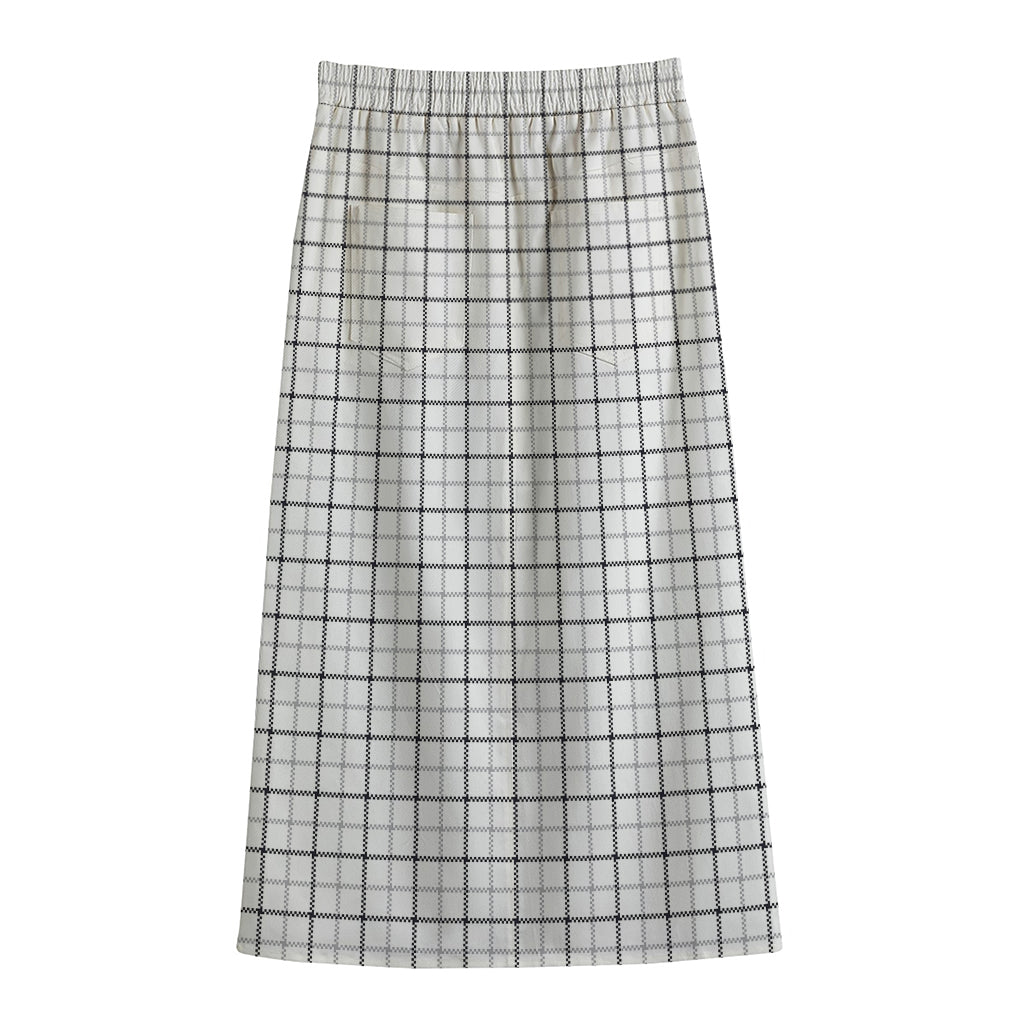 White Tattersall Pattern Print Cotton Front Slit Maxi Skirt