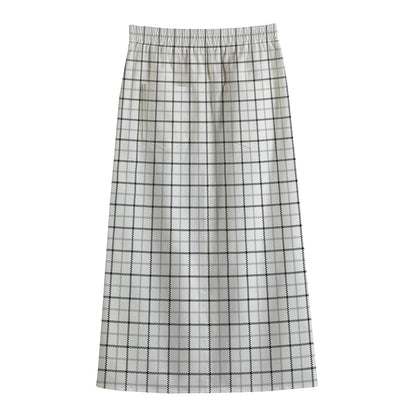 White Tattersall Pattern Print Cotton Front Slit Maxi Skirt