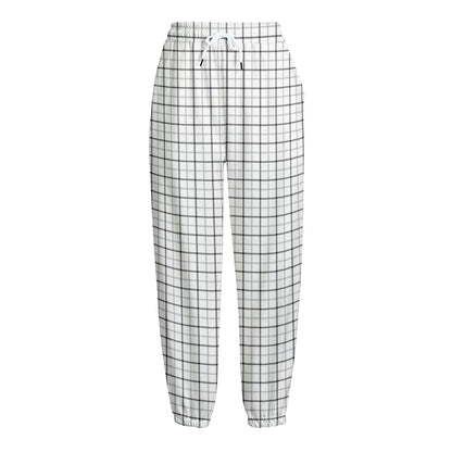 White Tattersall Pattern Print Fleece Lined Knit Pants