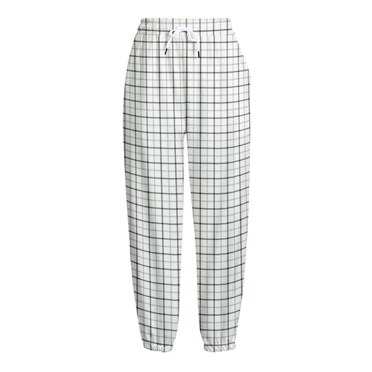 White Tattersall Pattern Print Fleece Lined Knit Pants