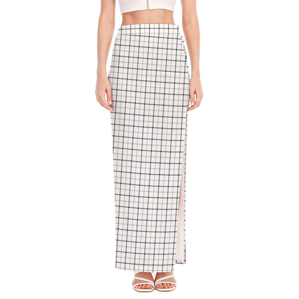 White Tattersall Pattern Print High Slit Maxi Skirt