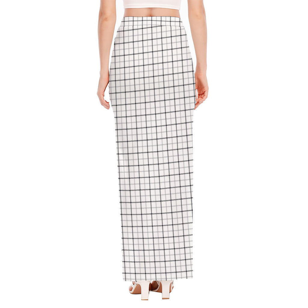 White Tattersall Pattern Print High Slit Maxi Skirt