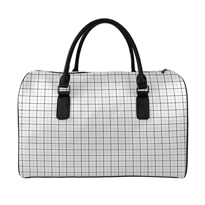 White Tattersall Pattern Print Leather Duffle Bag