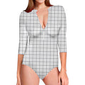 White Tattersall Pattern Print Long Sleeve Swimsuit