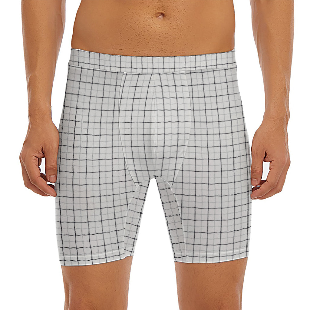 White Tattersall Pattern Print Men's Long Boxer Briefs
