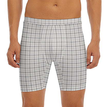 White Tattersall Pattern Print Men's Long Boxer Briefs