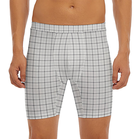 White Tattersall Pattern Print Men's Long Boxer Briefs