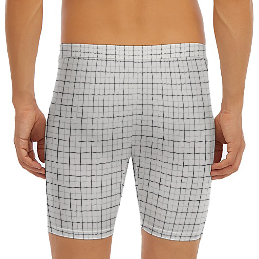 White Tattersall Pattern Print Men's Long Boxer Briefs