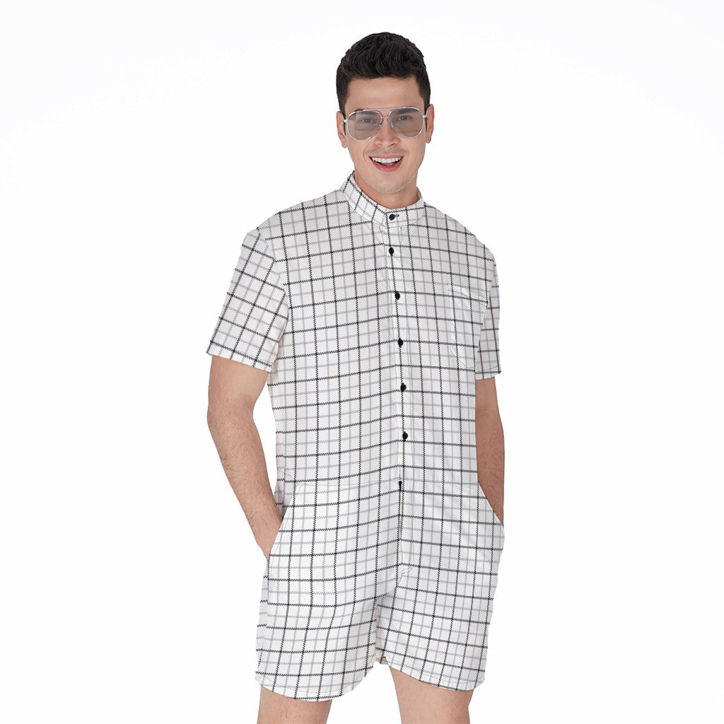 White Tattersall Pattern Print Men's Rompers