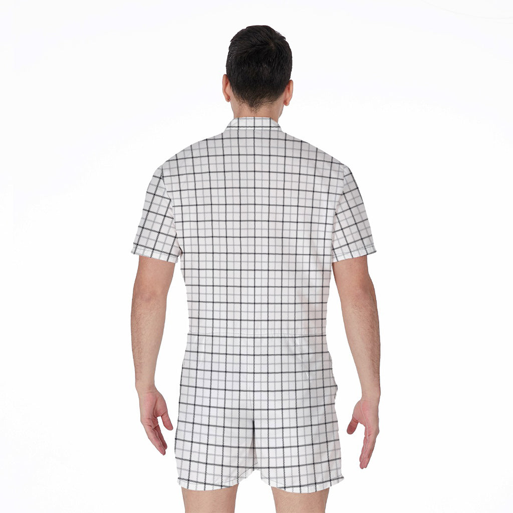 White Tattersall Pattern Print Men's Rompers