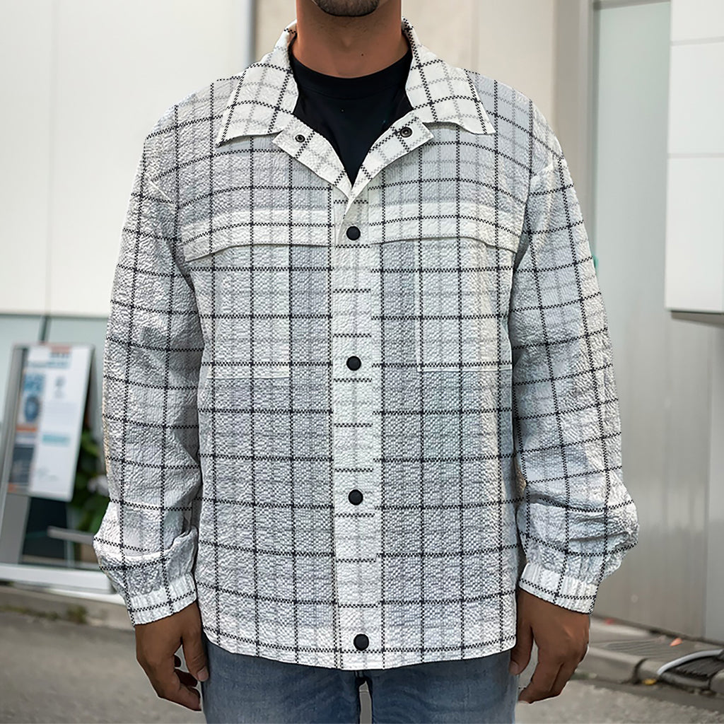 White Tattersall Pattern Print Men's Shirt Jacket
