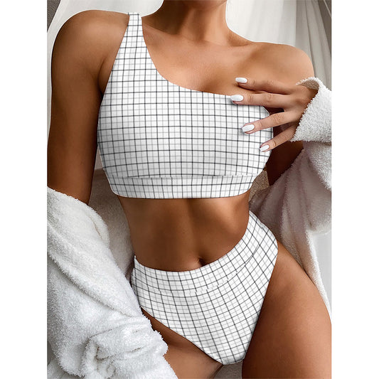 White Tattersall Pattern Print One Shoulder Bikini Top