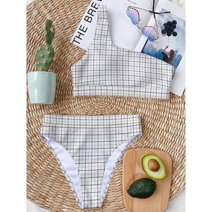 White Tattersall Pattern Print One Shoulder Bikini Top