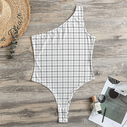 White Tattersall Pattern Print One Shoulder Bodysuit