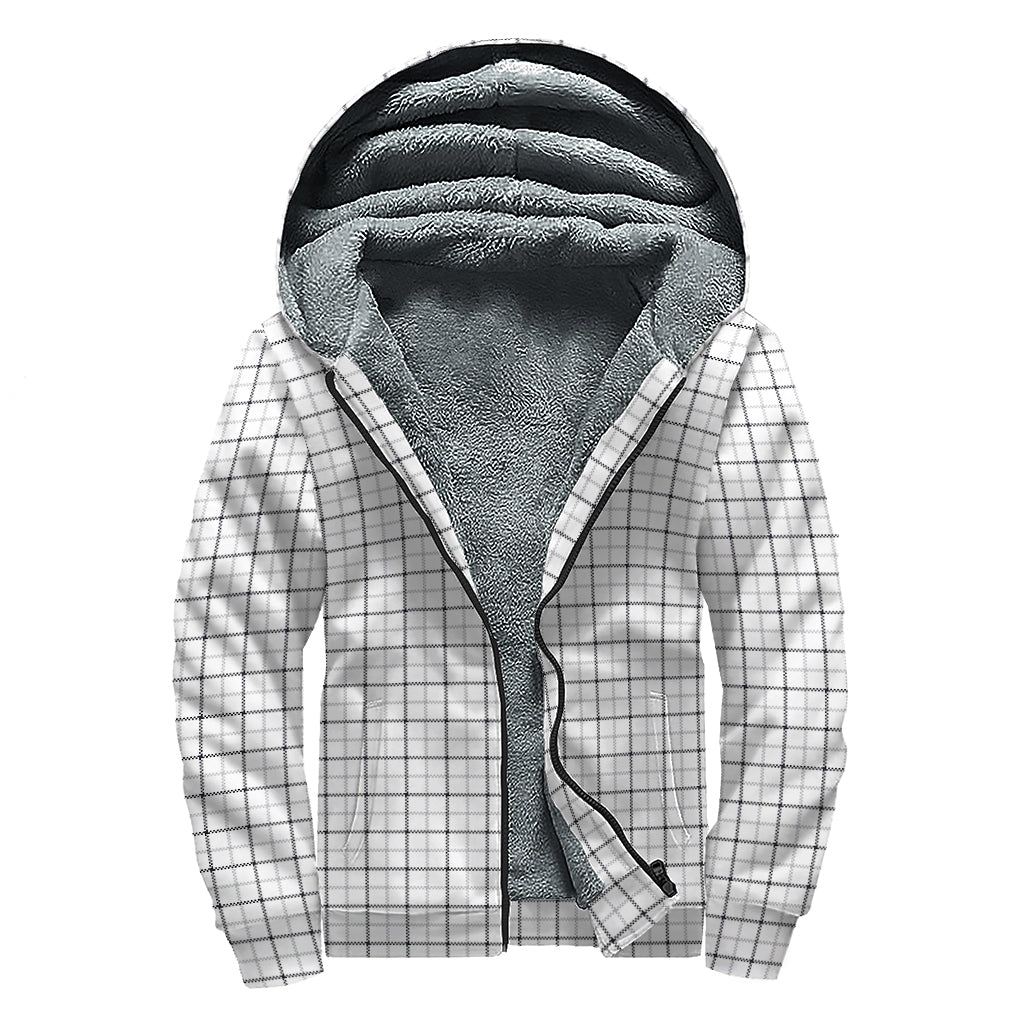 White Tattersall Pattern Print Sherpa Lined Zip Up Hoodie