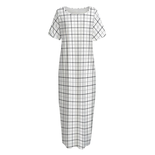 White Tattersall Pattern Print Short Sleeve Long Nightdress