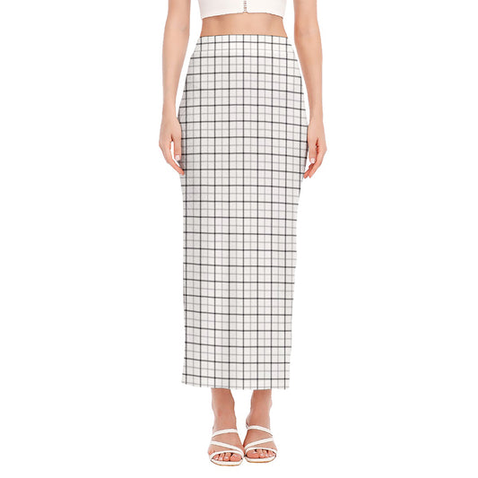 White Tattersall Pattern Print Side Slit Maxi Skirt