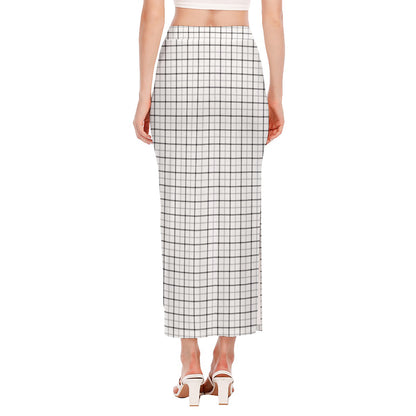 White Tattersall Pattern Print Side Slit Maxi Skirt