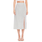 White Tattersall Pattern Print Side Slit Midi Skirt