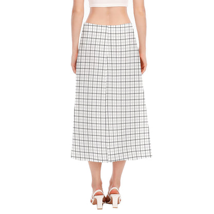 White Tattersall Pattern Print Side Slit Midi Skirt