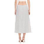 White Tattersall Pattern Print Side Slit Midi Skirt
